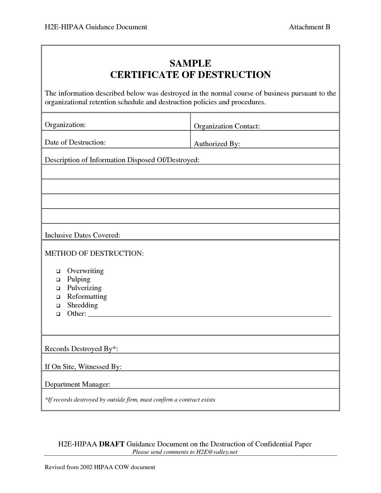 001 Template Ideas Certificate Of Destruction Frightening For Free Certificate Of Destruction Template