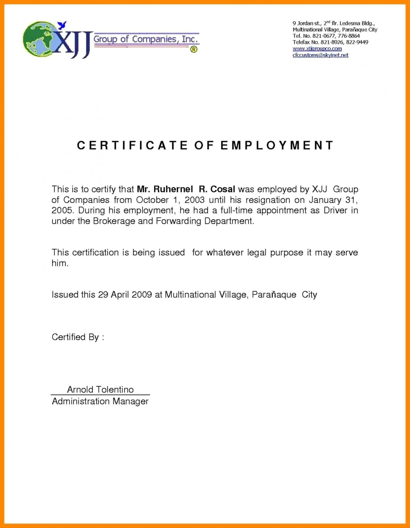 010 Certification Employment Letter Sample Job Letteres Pertaining To Template Of Certificate Of Employment