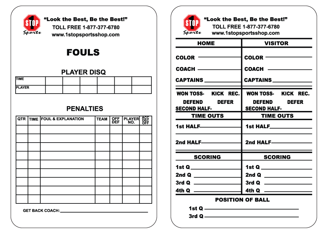 1 Stop Sports Reusable Football Game Card - 1 Stop Sports For Football Referee Game Card Template