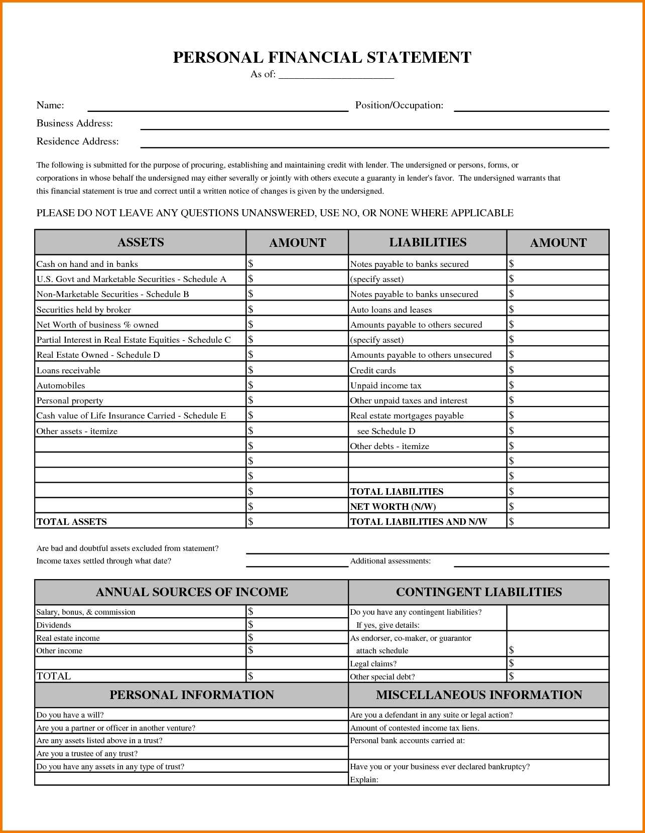 10 Fillable Personal Financial Statement | Payment Format With Blank Personal Financial Statement Template