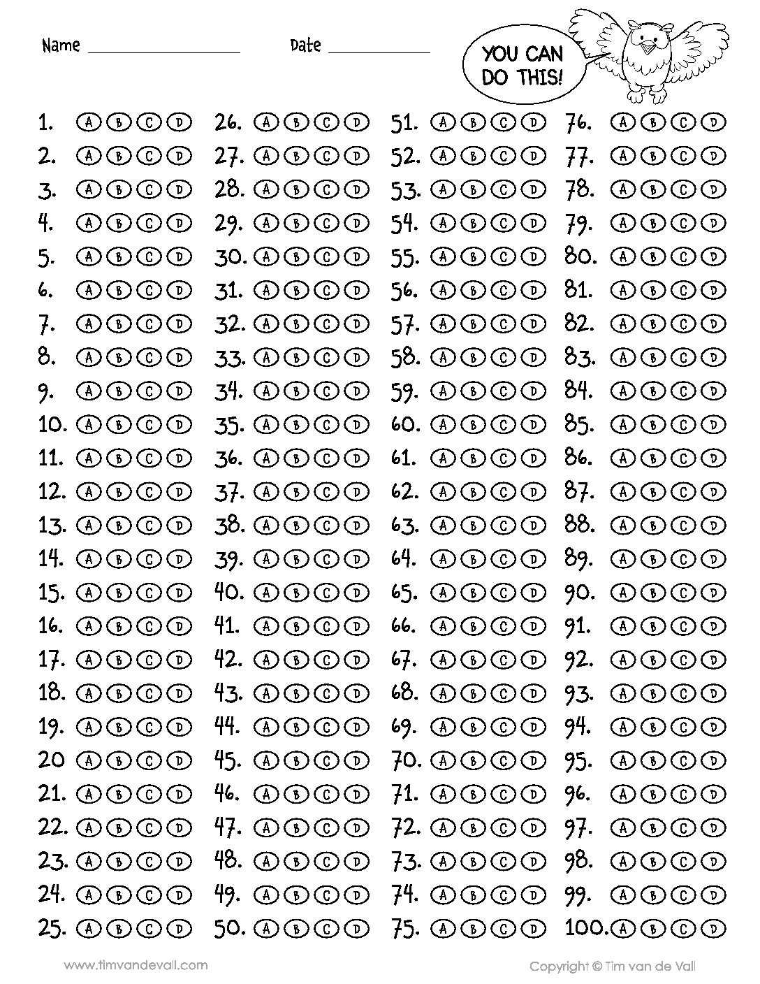 100 Question Answer Sheet – Tim's Printables Regarding Blank Answer Sheet Template 1 100