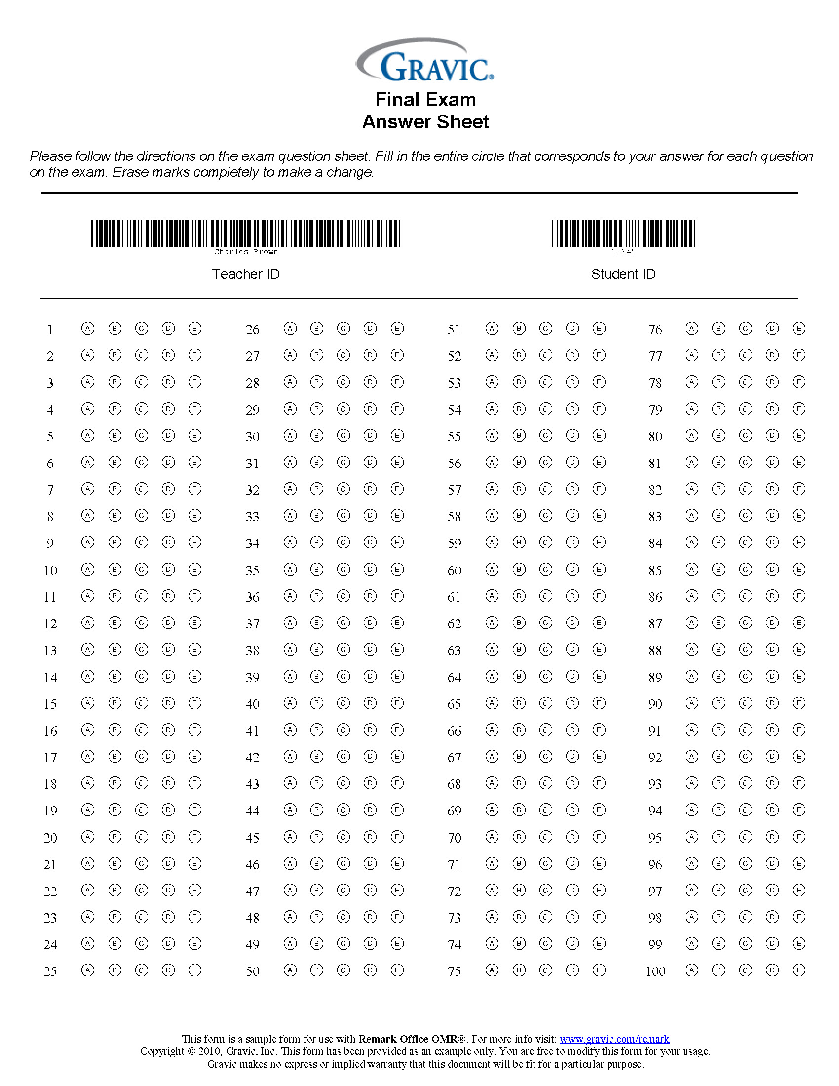 100 Question Test Answer Sheet With Barcode · Remark Software Regarding Blank Answer Sheet Template 1 100