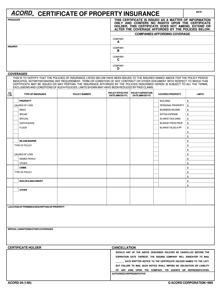 1995 Form Acord 24 Fill Online, Printable, Fillable, Blank Inside Acord Insurance Certificate Template