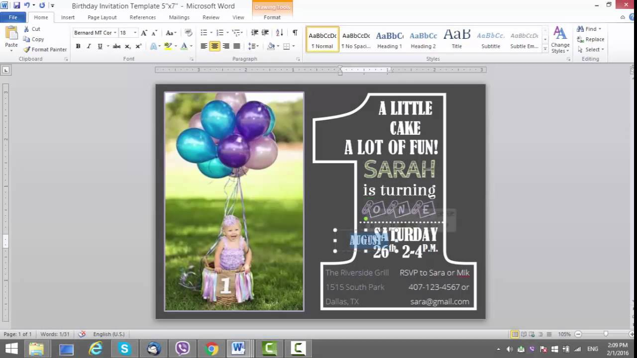 1St Birthday Invitation Template For Ms Word Regarding Birthday Card Template Microsoft Word