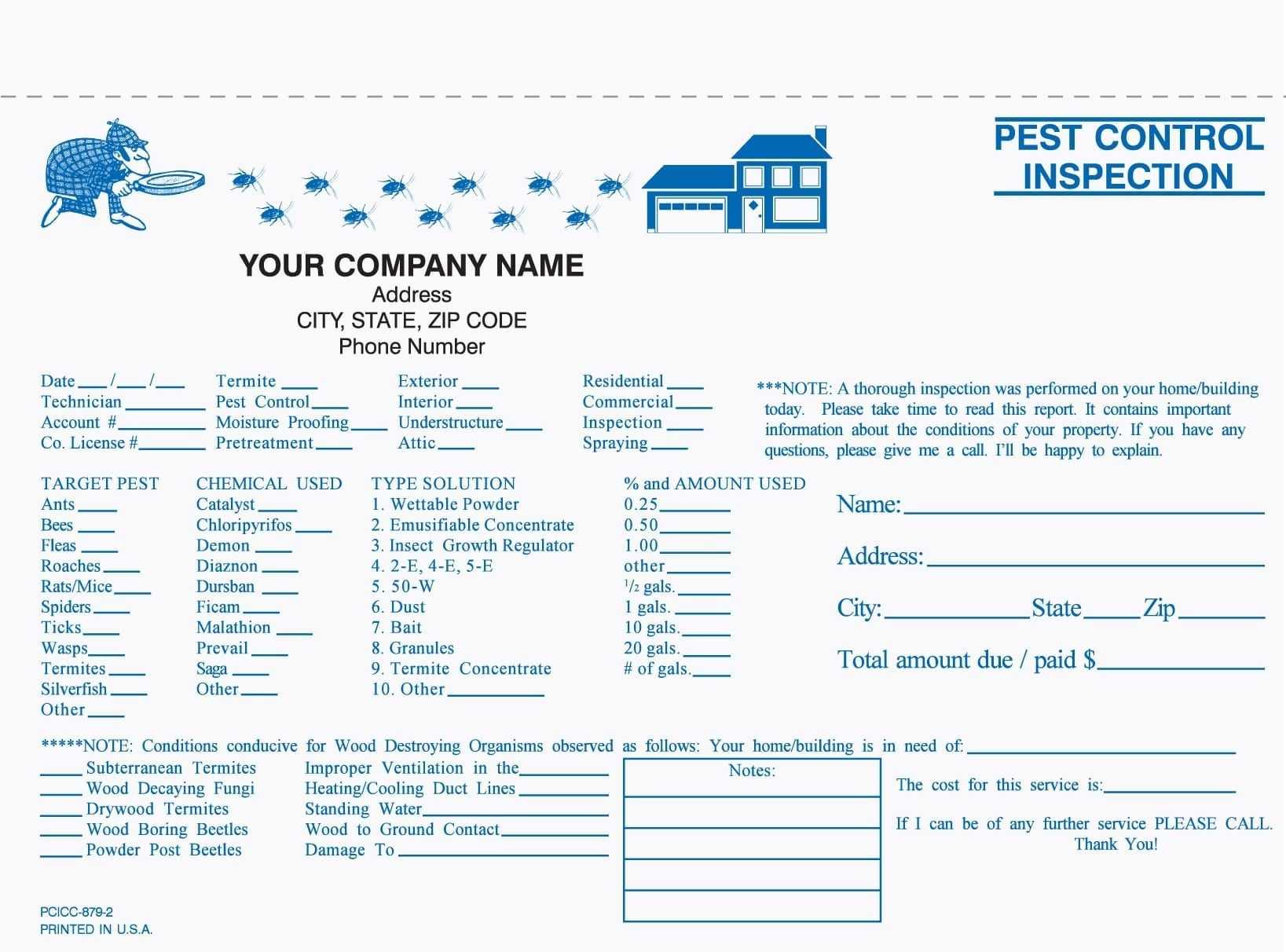 2 Part Pest Control Inspection Form, Carbonless, 8 1/2" X 5 Regarding Pest Control Report Template