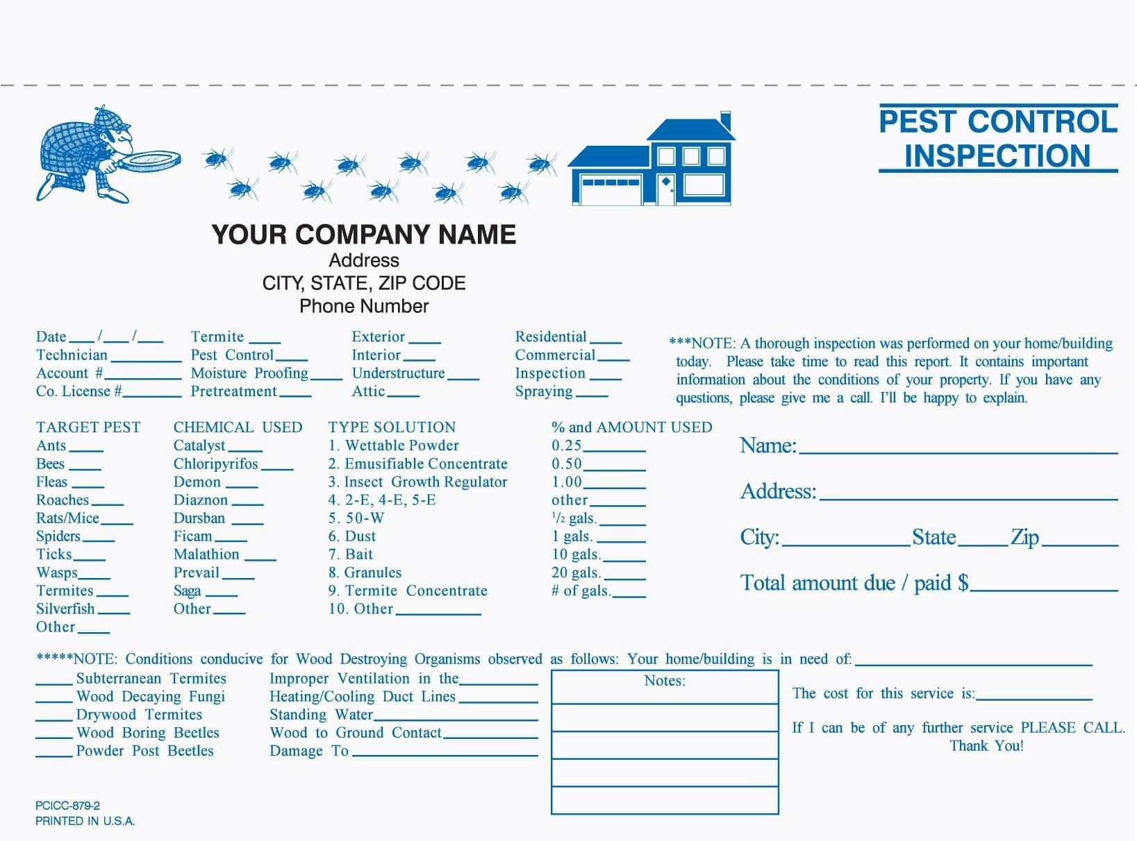 2 Part Pest Control Inspection Form, Carbonless, 8 1/2" X 5 With Regard To Pest Control Inspection Report Template