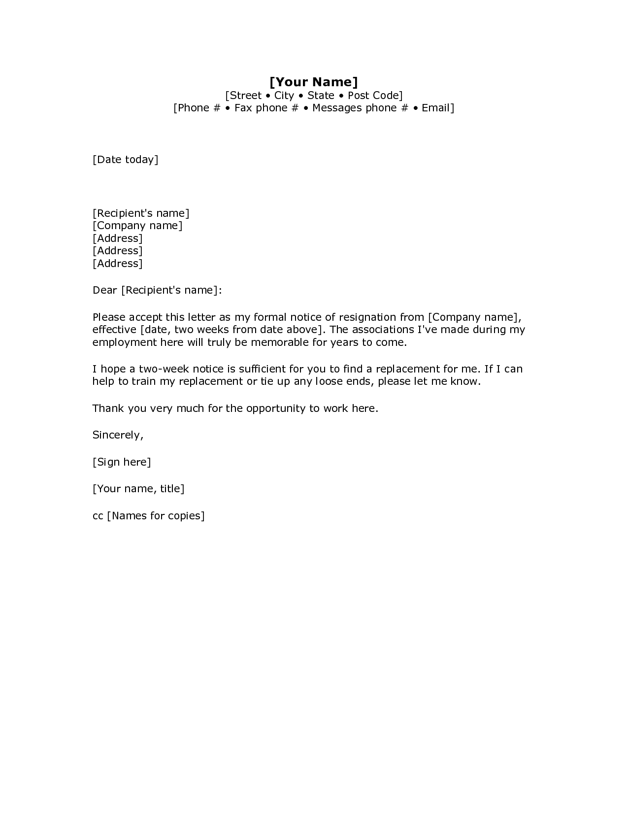 2 Weeks Notice Letter Resignation Letter Week Notice Words For Two Week Notice Template Word