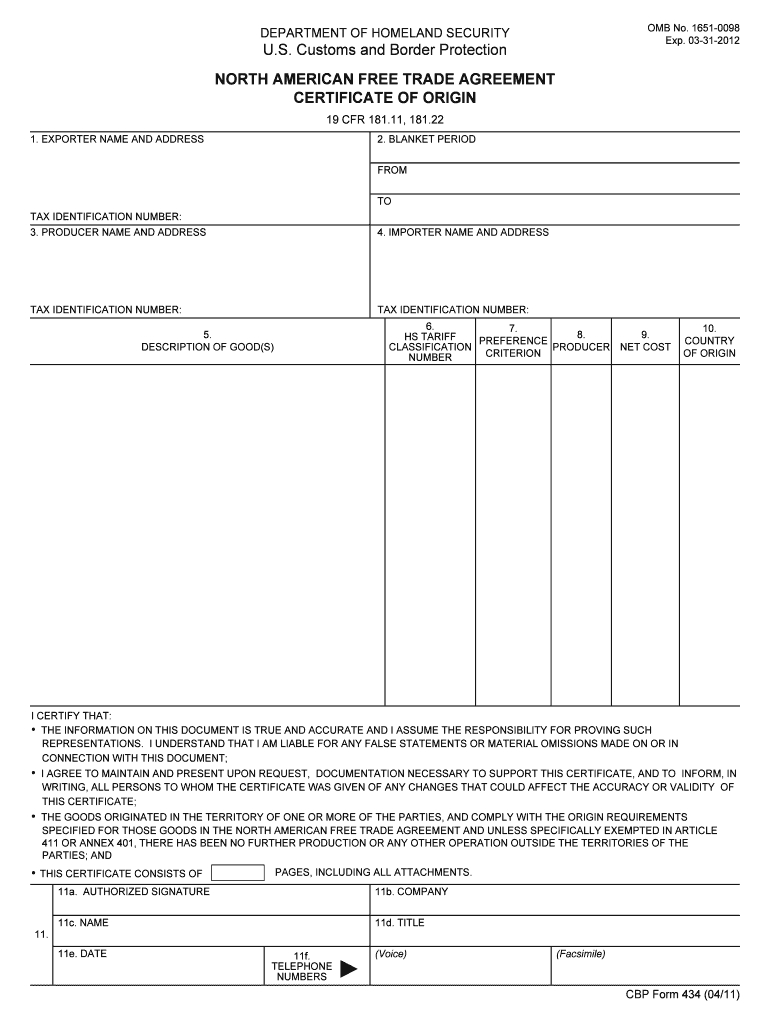 2011 Form Cbp 434 Fill Online, Printable, Fillable, Blank Regarding Nafta Certificate Template