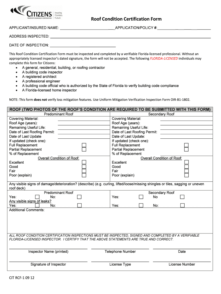 2012 2019 Form Citizens Rcf 1 Fill Online, Printable Throughout Roof Certification Template