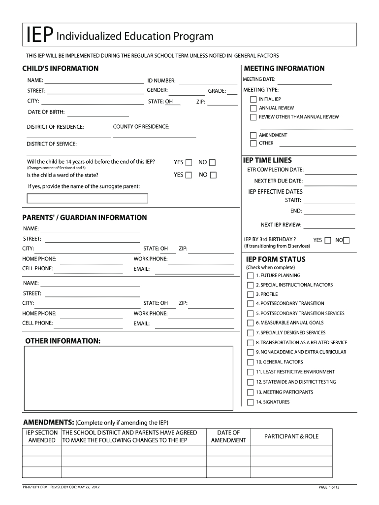2012 2019 Form Oh Pr 07 Iep Fill Online, Printable, Fillable With Blank Iep Template