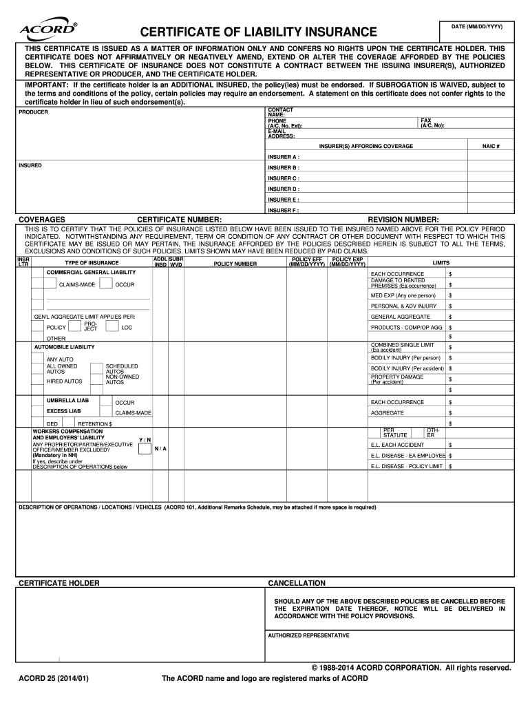 2014 2019 Form Acord 25 Fill Online, Printable, Fillable Inside Acord Insurance Certificate Template