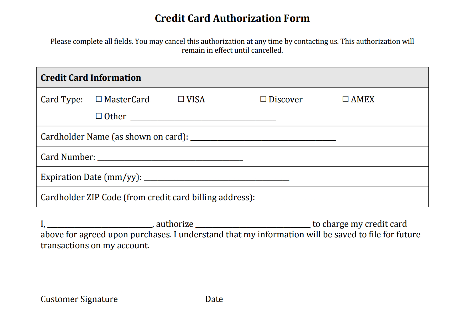 21+ Credit Card Authorization Form Template Pdf Fillable 2019!! For Customer Information Card Template