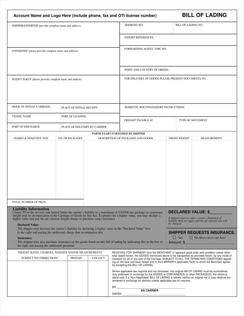 29+ Bill Of Lading Templates – Free Word, Pdf, Excel Format In Blank Bol Template