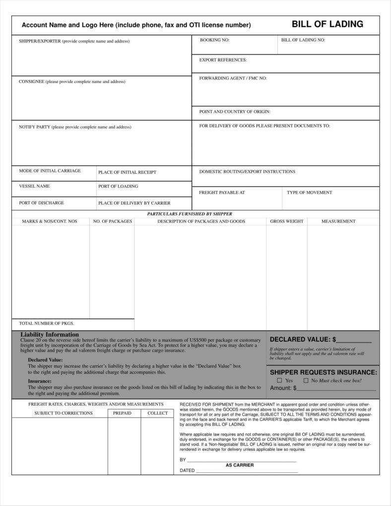 29+ Bill Of Lading Templates – Free Word, Pdf, Excel Format In Blank Bol Template