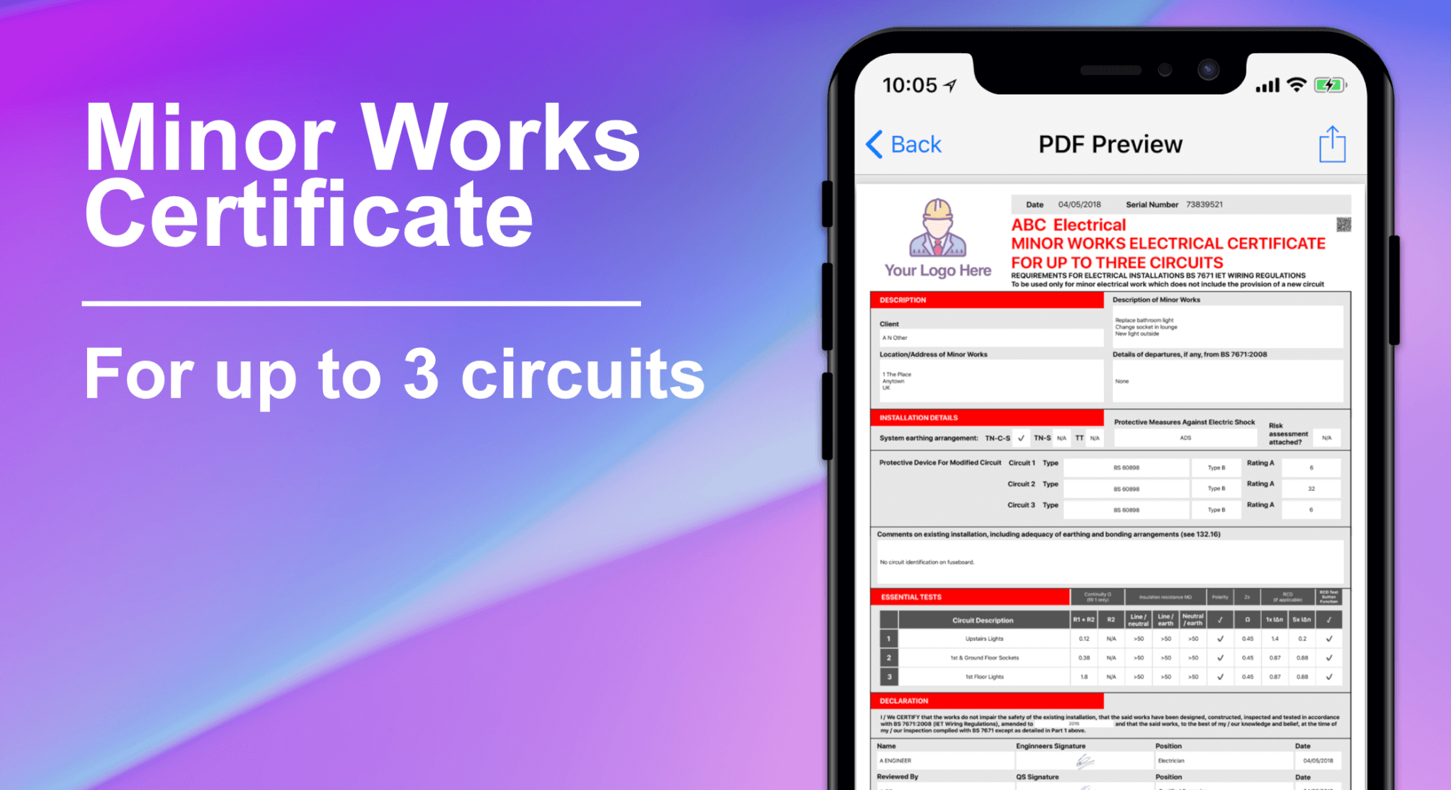 3 Circuit Minor Works Electrical Certificate – Icertifi Intended For Minor Electrical Installation Works Certificate Template