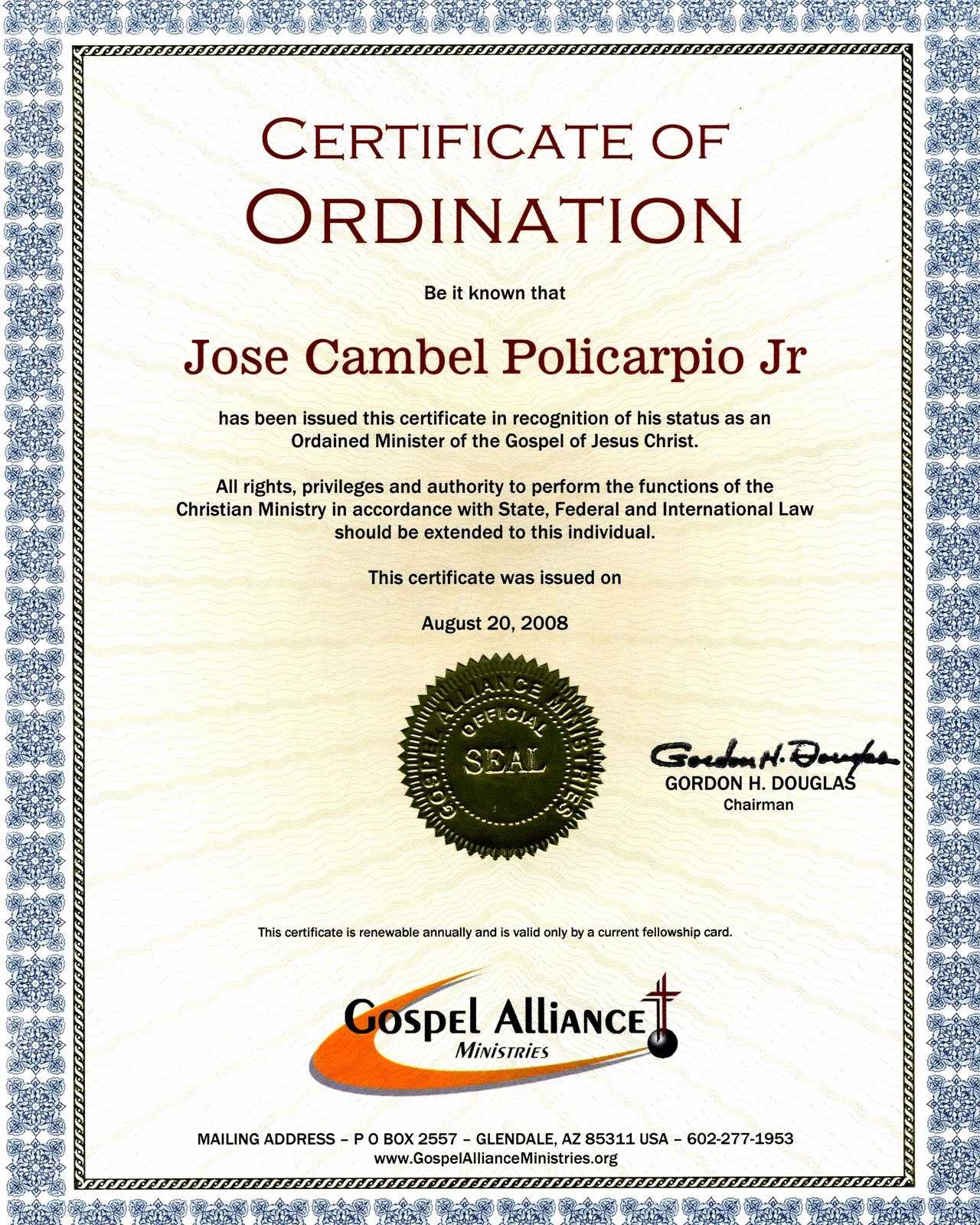 30 Minister Ordination Certificate Template | Pryncepality For Certificate Of Ordination Template