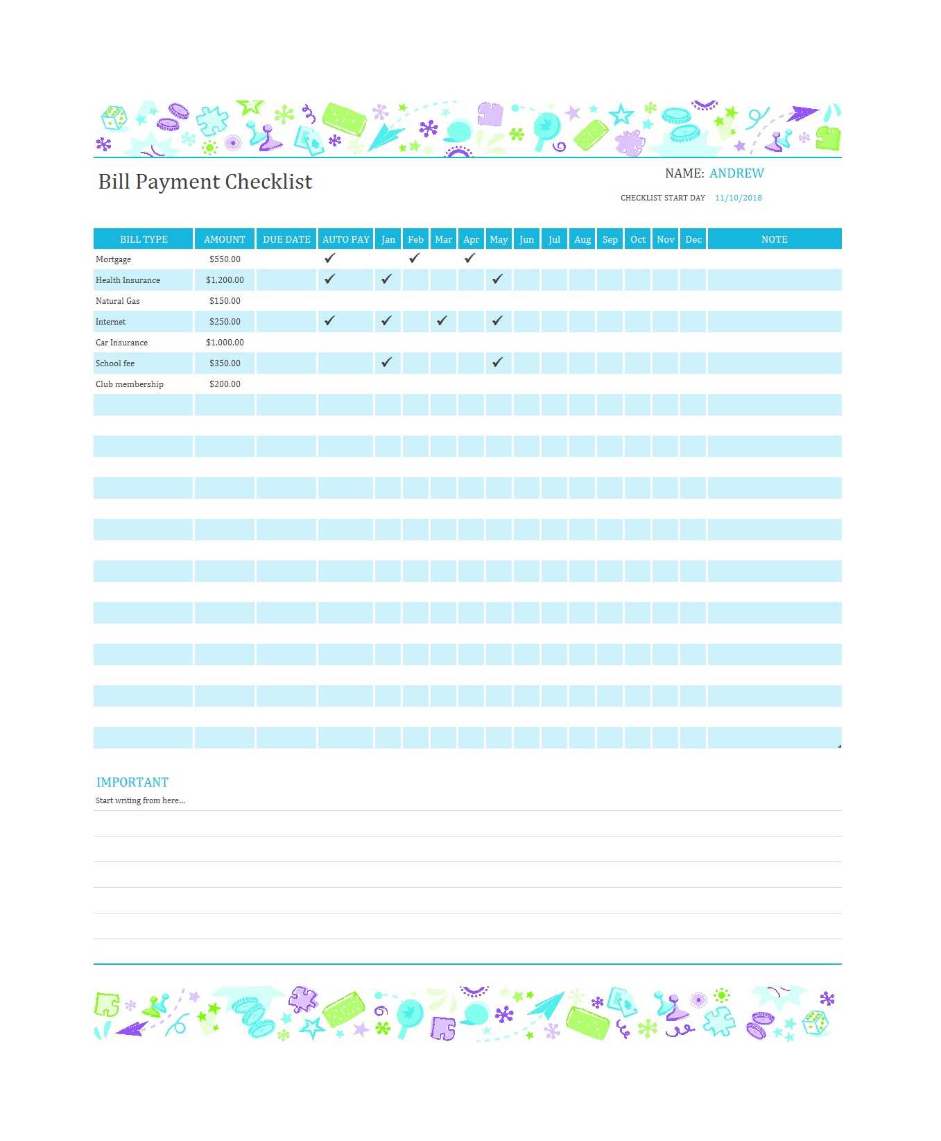 32 Free Bill Pay Checklists & Bill Calendars (Pdf, Word & Excel) With Regard To Blank Checklist Template Word