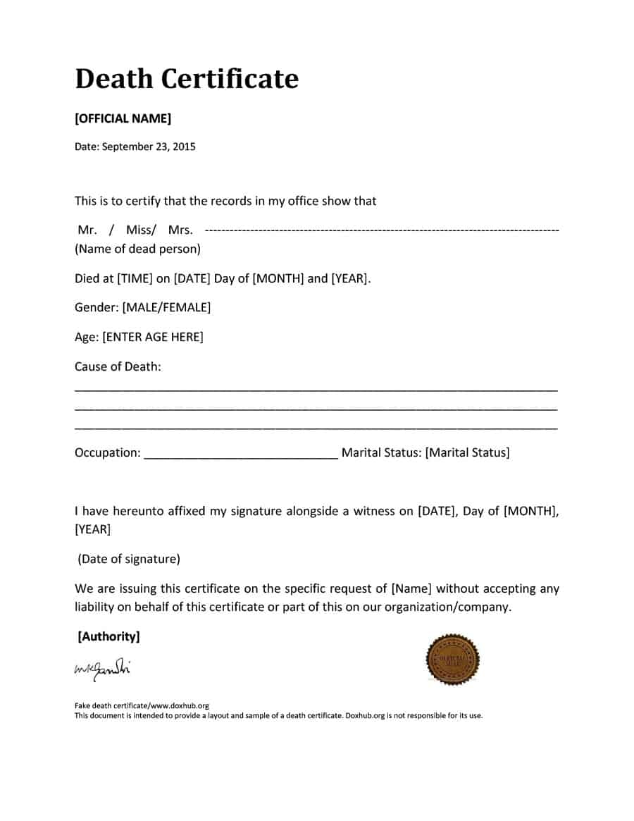 37 Blank Death Certificate Templates [100% Free] ᐅ Template Lab In Free Fake Medical Certificate Template