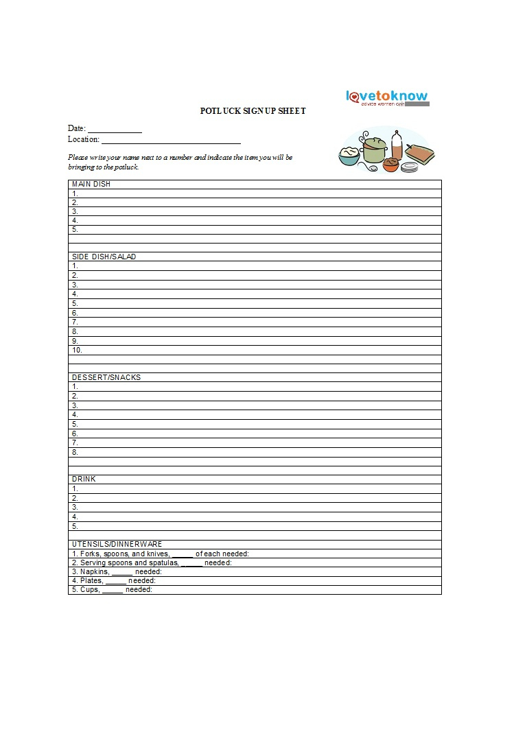 38 Best Potluck Sign Up Sheets (For Any Occasion) ᐅ Throughout Potluck Signup Sheet Template Word