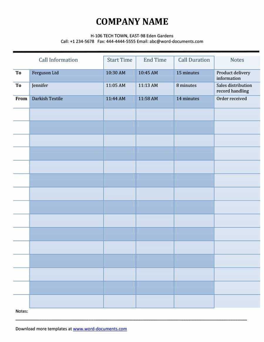 40+ Printable Call Log Templates In Microsoft Word And Excel Within Blank Call Sheet Template