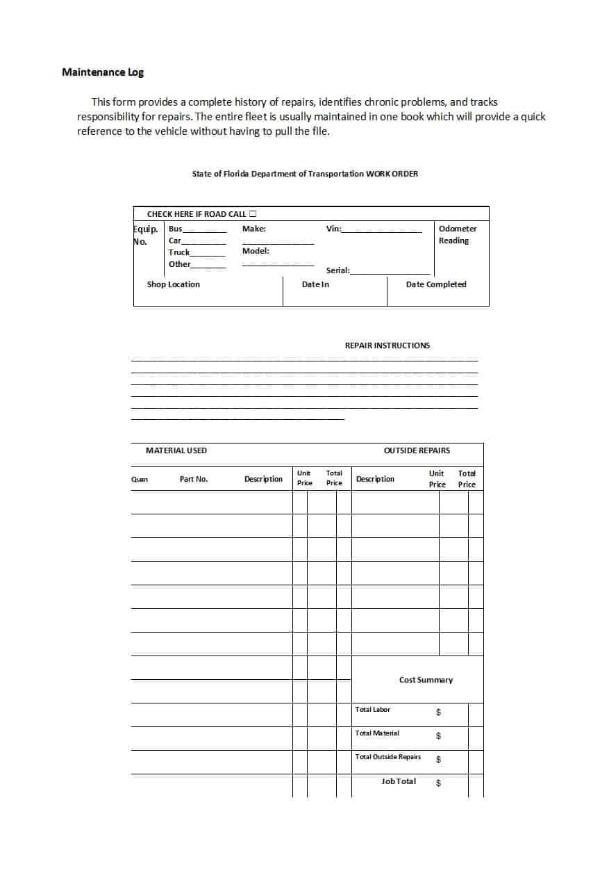 40 Printable Vehicle Maintenance Log Templates ᐅ Template Lab For Job Card Template Mechanic