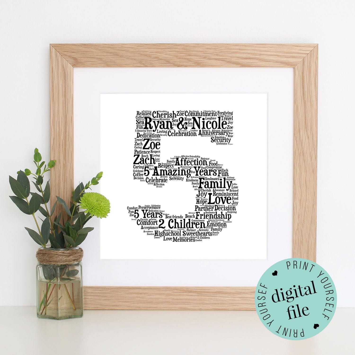 5Th Anniversary Gift – Word Art – Printable Gift – 5 Year Regarding Anniversary Card Template Word