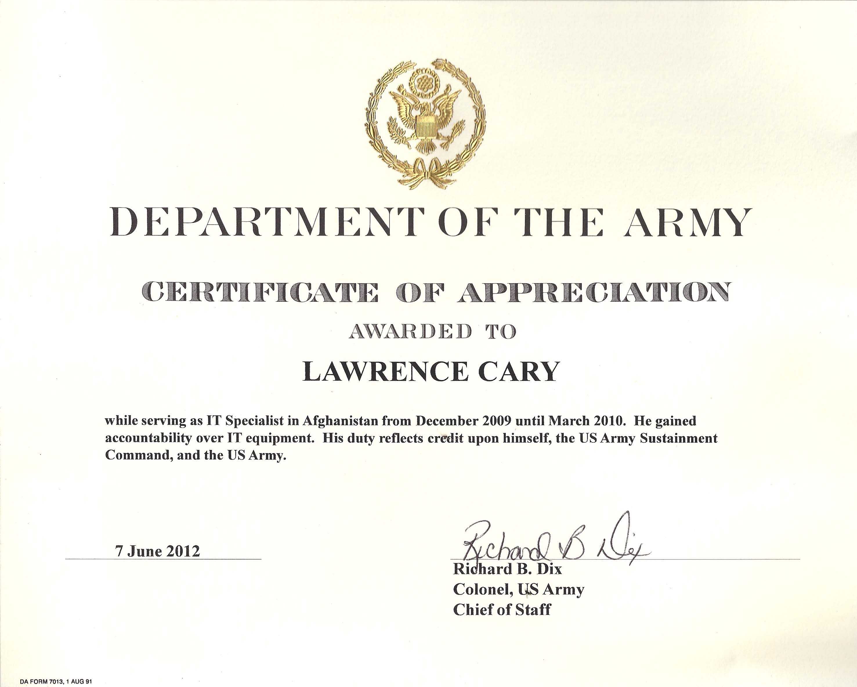 6+ Army Appreciation Certificate Templates - Pdf, Docx Throughout Certificate Of Achievement Army Template