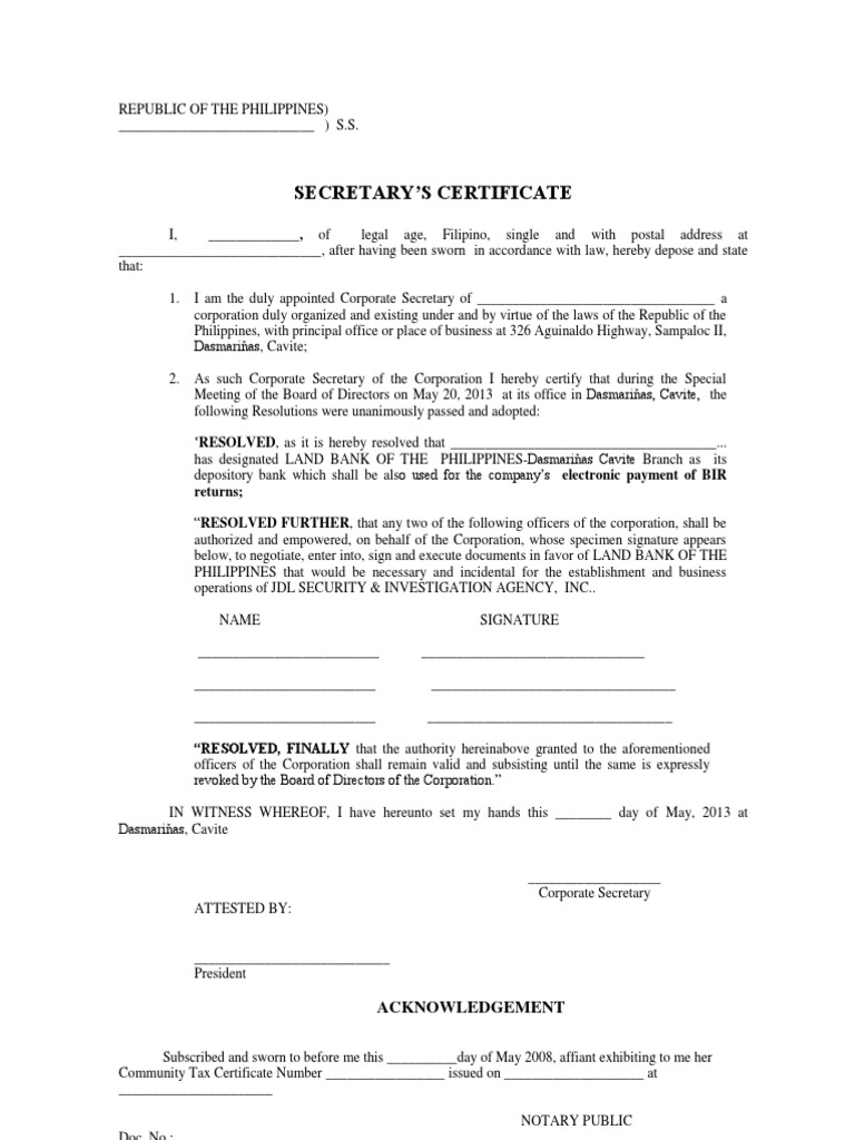 76 Formal Notarized Board Resolution Sample Philippines You Regarding Corporate Secretary Certificate Template