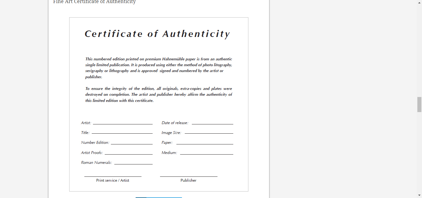 8 Certificate Of Authenticity Templates – Free Samples For Art Certificate Template Free