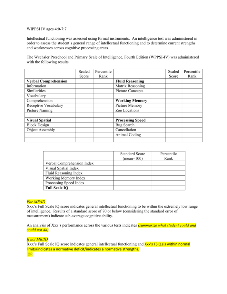 Wppsi Iv Report Template