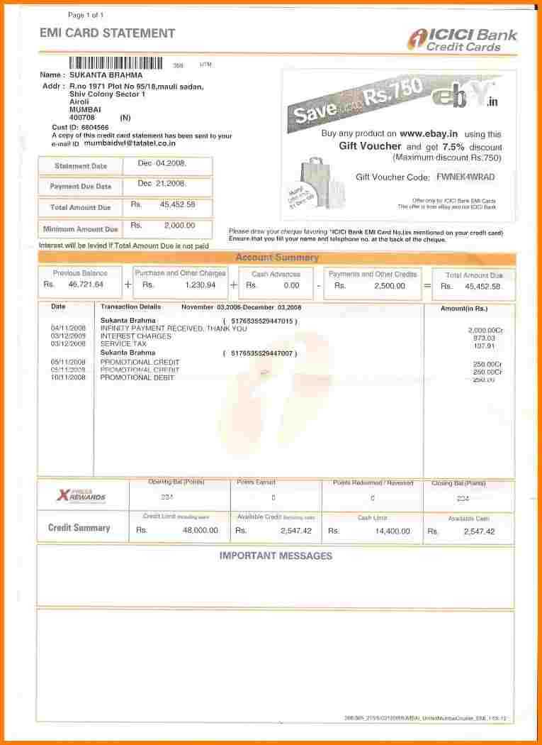 8+ Icici Credit Card Statement | Free Invoice Letter Within Credit Card Statement Template