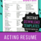 8X10 Actor Resume Templates – Instant Download Acting Resume In Theatrical Resume Template Word