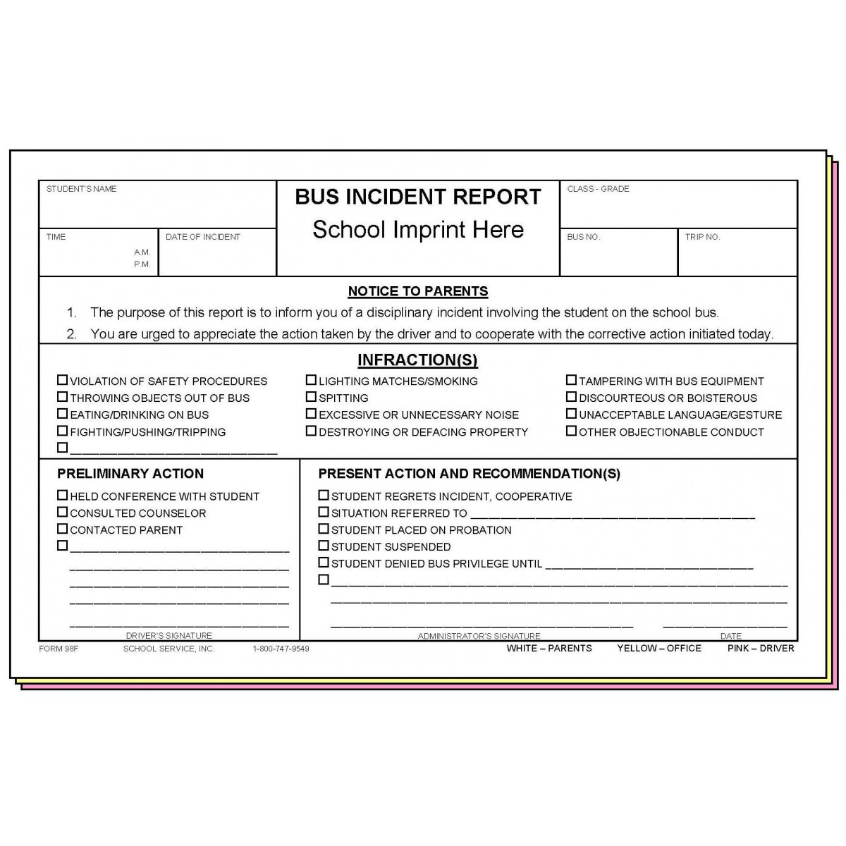 98F – Bus Incident Report W/school Imprint In School Incident Report Template