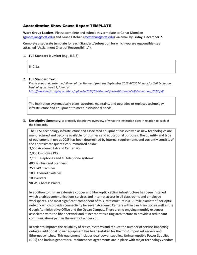 Accreditation Show Cause Report Template Work Group Leaders For Reliability Report Template