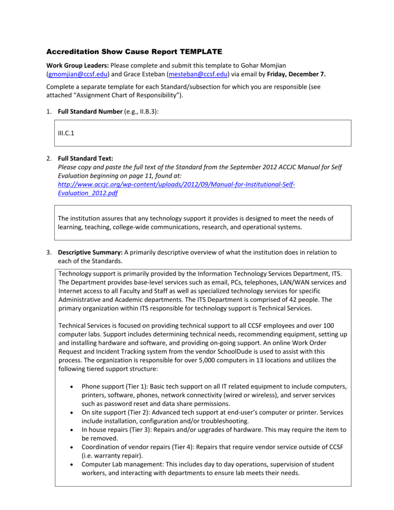 Accreditation Show Cause Report Template Work Group Leaders Regarding Technical Support Report Template