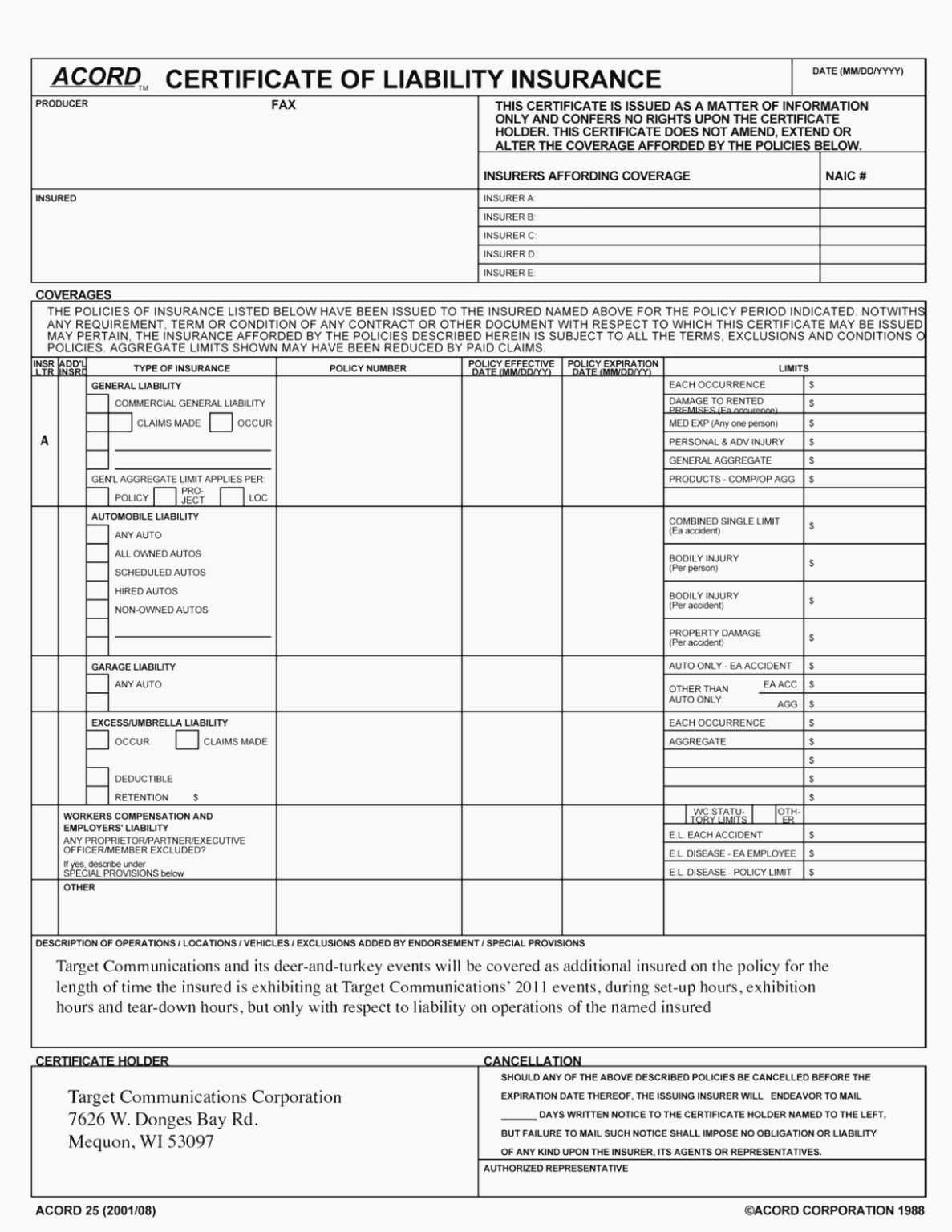 Acord 25 Fillable 2016 Elegant Accord Form – Free Fillable Inside Acord Insurance Certificate Template