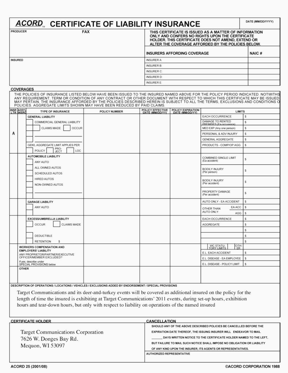 Acord 25 Fillable 2016 Elegant Accord Form – Free Fillable Inside Acord Insurance Certificate Template