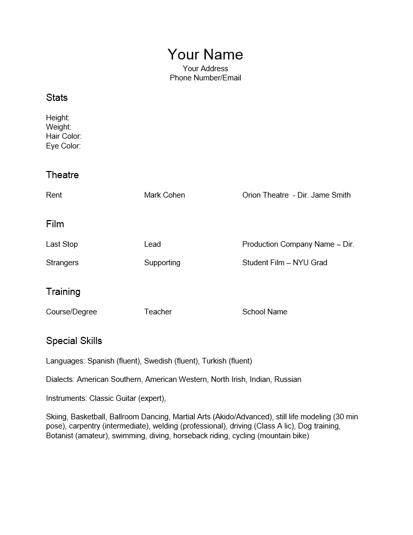 Acting Resume Template : Resume Templates With Theatrical Resume Template Word