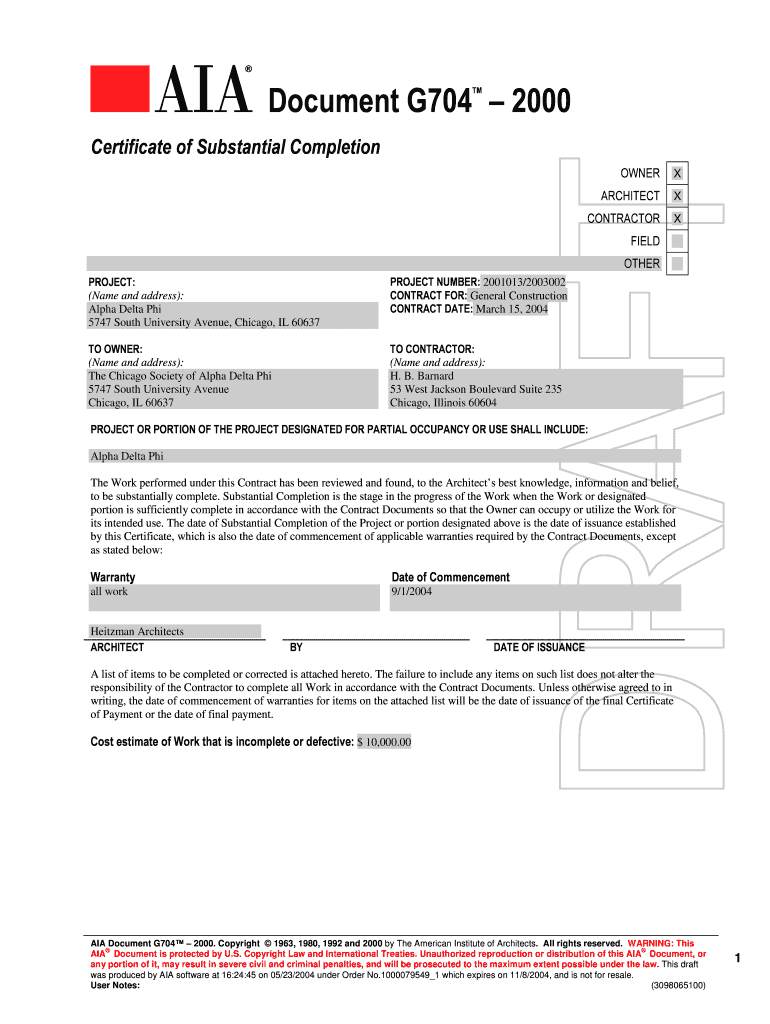 Aia G704 – Fill Online, Printable, Fillable, Blank | Pdffiller Throughout Certificate Of Substantial Completion Template