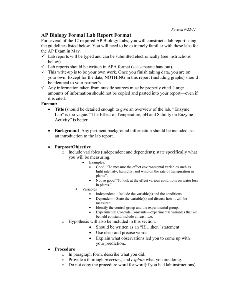 Ap Biology Formal Lab Report Format Pertaining To Formal Lab Report Template