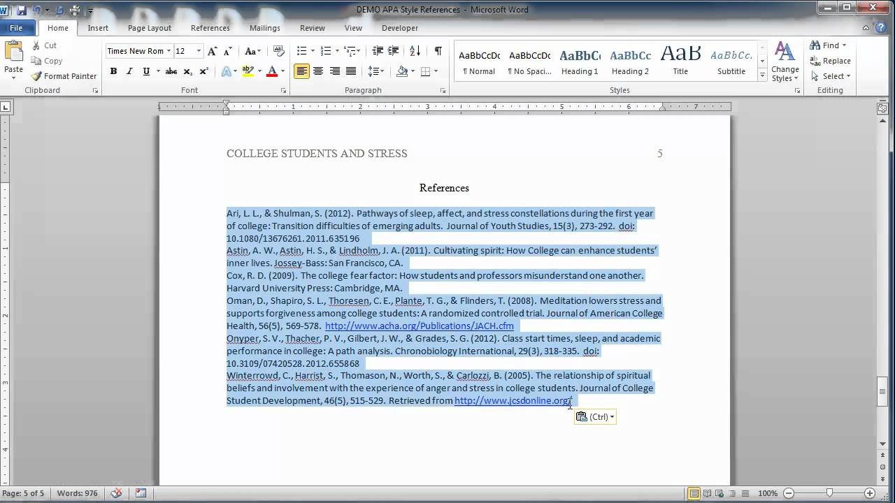 Apa Style Reference Page Inside Apa Template For Word 2010