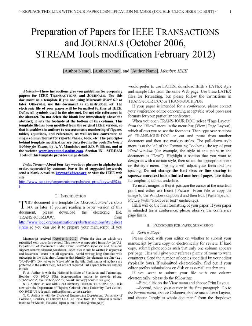 Appendix F. Ieee Template With Stream Tools Enabled Throughout Ieee Journal Template Word