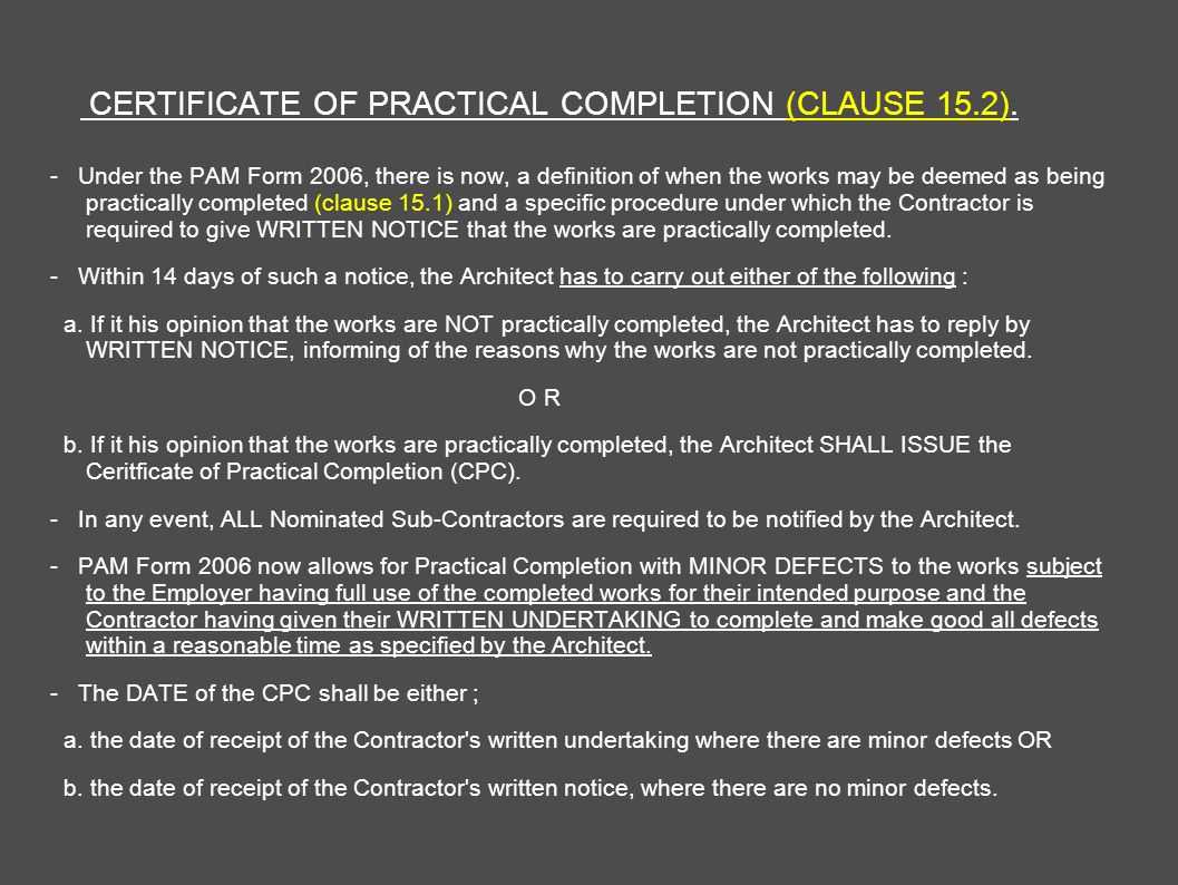 Architect's Certification Under The Pam Contract 2006 With Jct Practical Completion Certificate Template