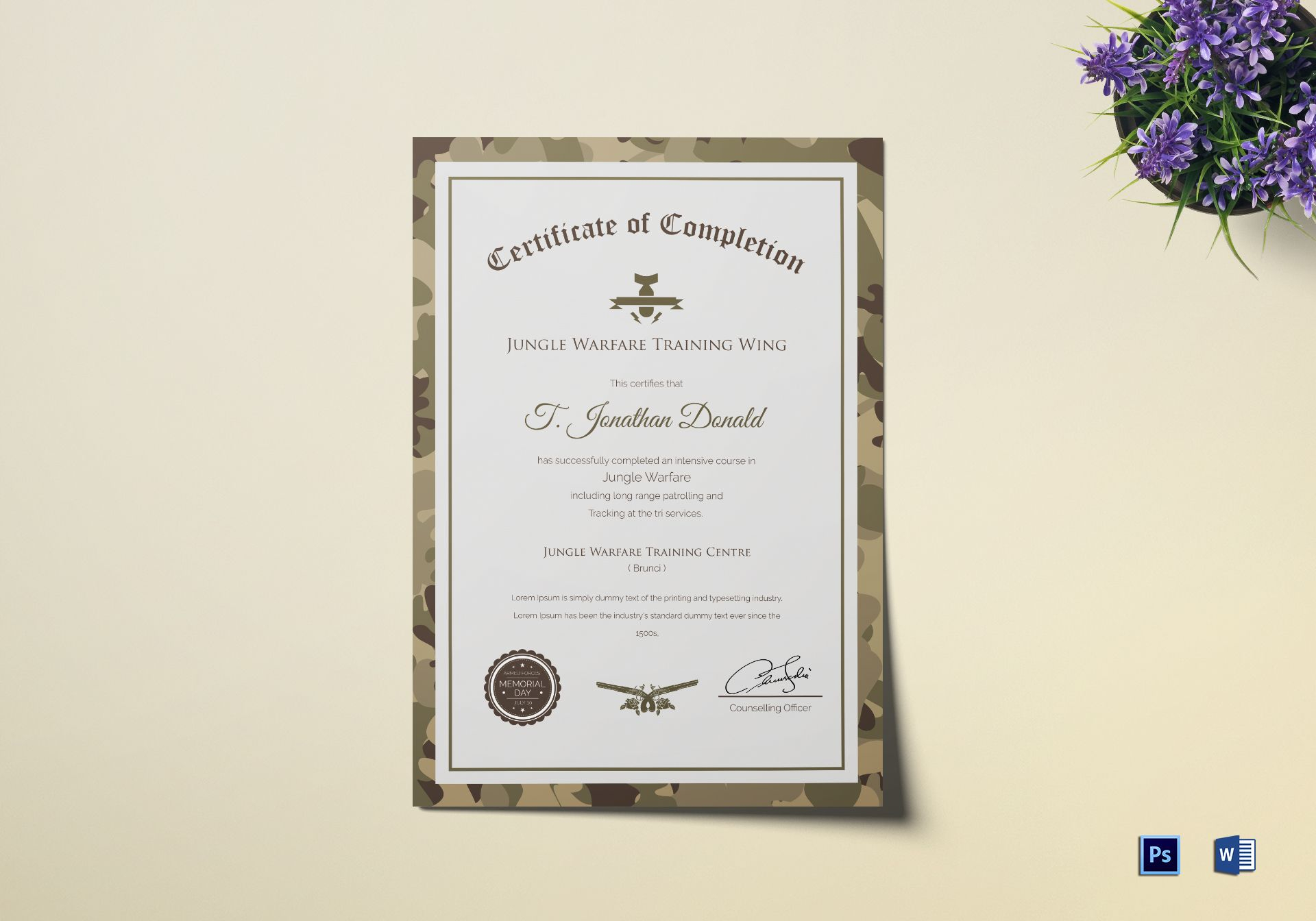 Army Camo Training Completion Certificate Template Inside Army Certificate Of Completion Template