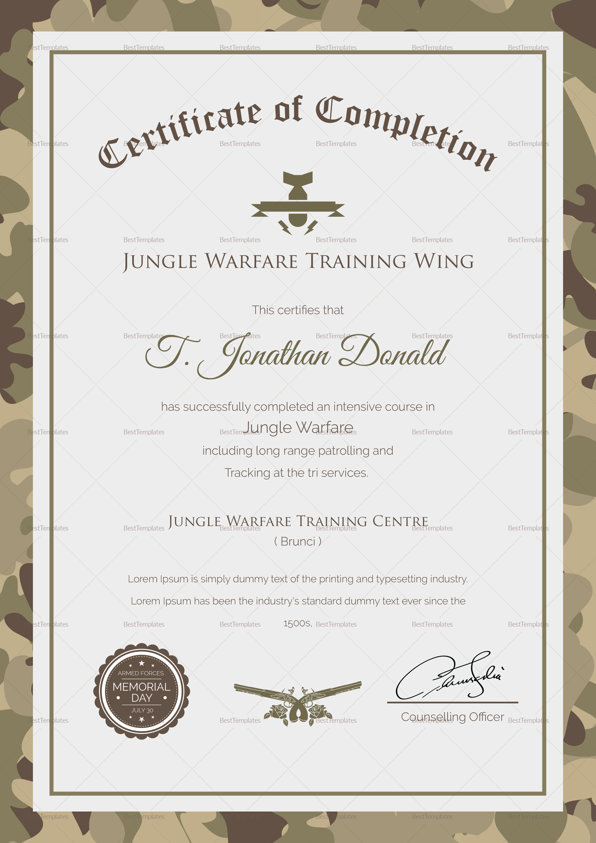 Army Camo Training Completion Certificate Template With Army Certificate Of Completion Template