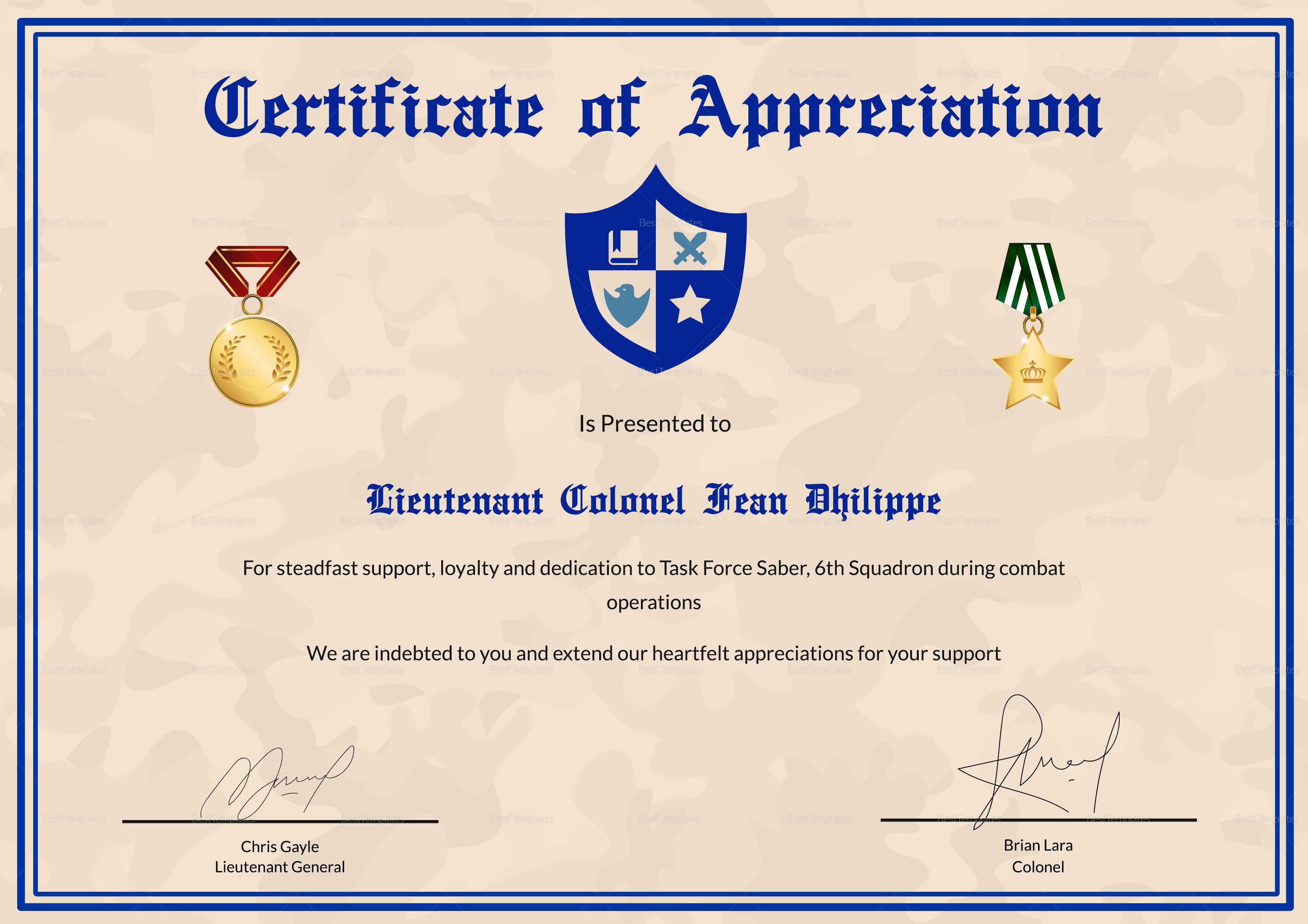 Army Certificate Of Appreciation Template For Army Certificate Of Appreciation Template