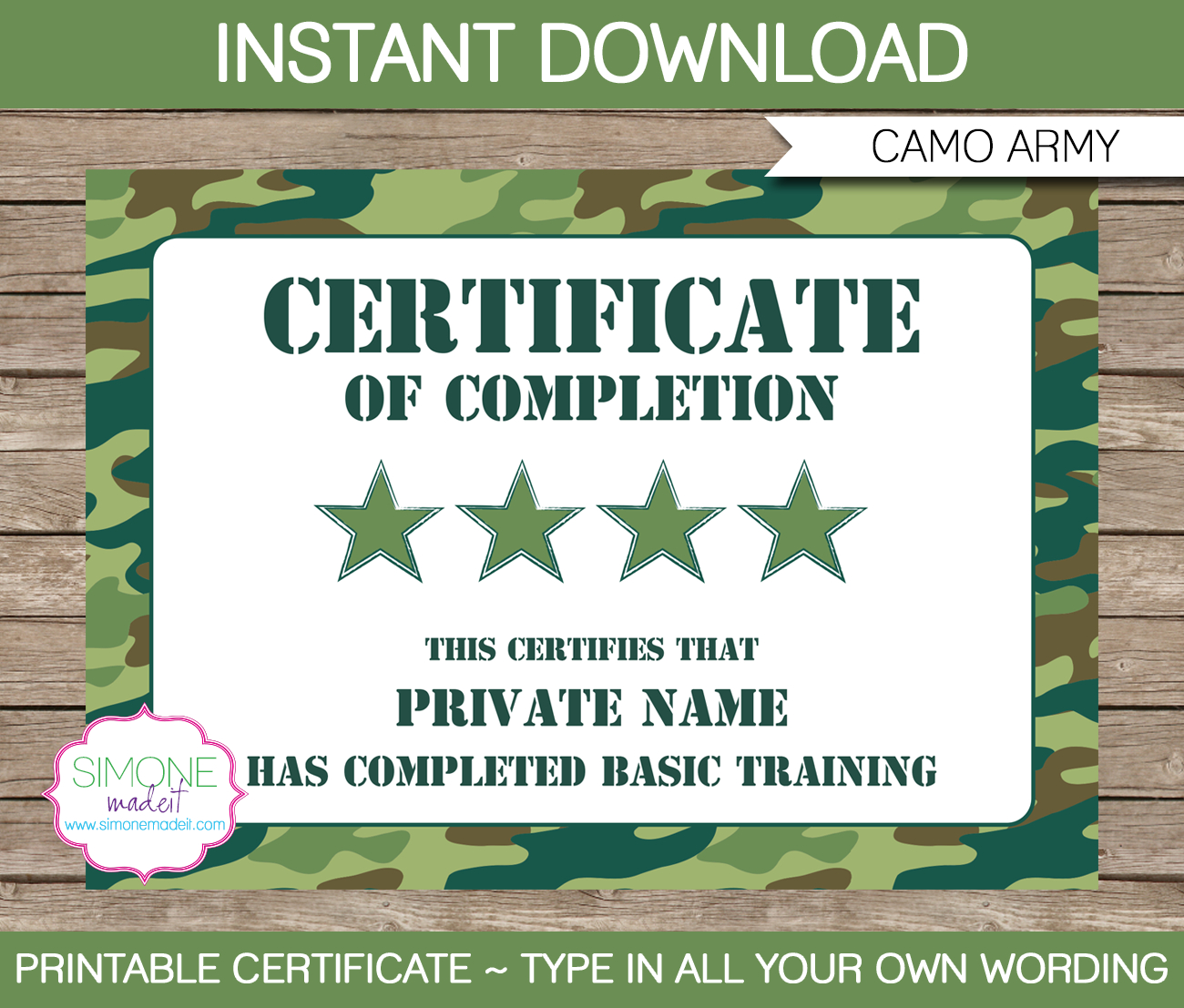 Army Party Printables, Invitations & Decorations – Camo For Boot Camp Certificate Template