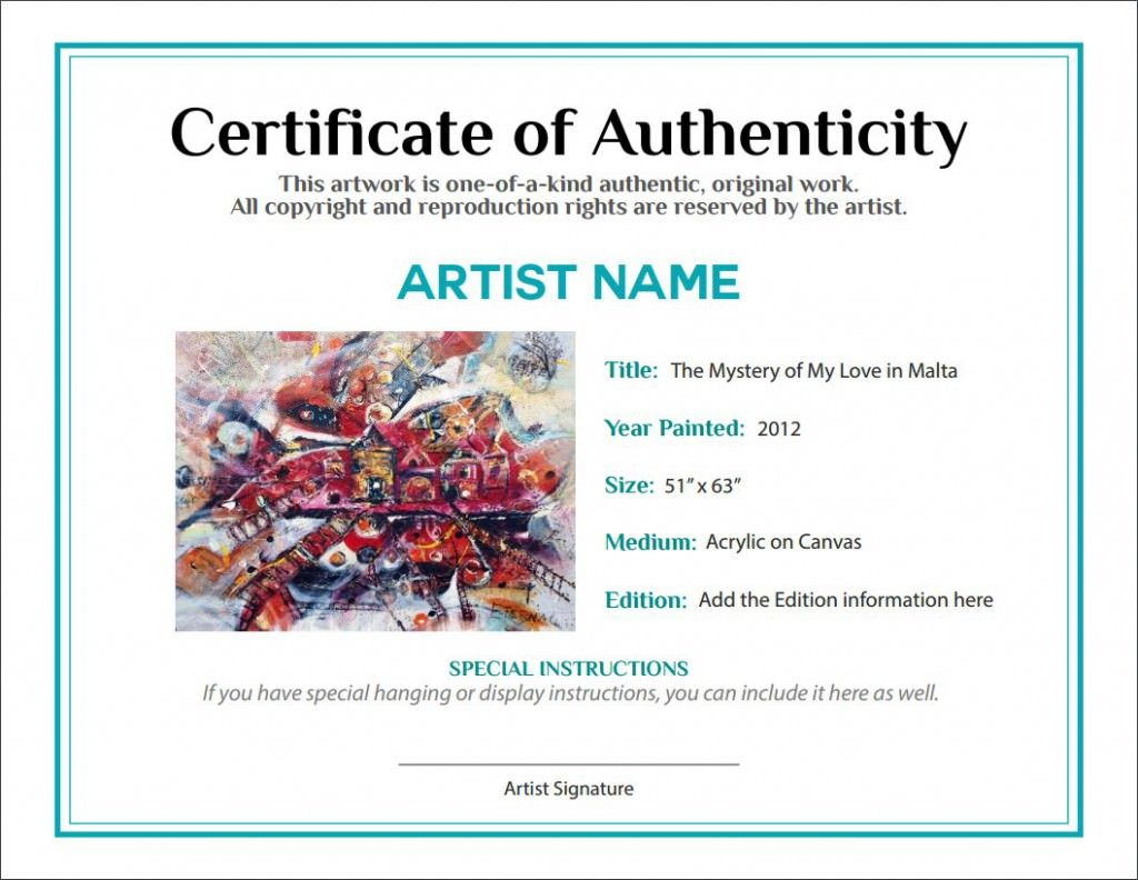 Artwork Bill Of Sale And Letter Of Authenticity | L'art In For Certificate Of Authenticity Photography Template