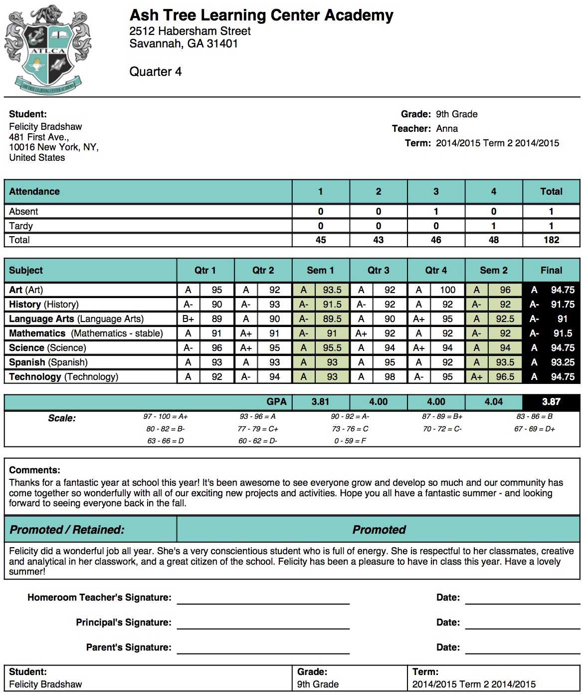 Ash Tree Learning Center Academy Report Card Template With Regard To High School Student Report Card Template