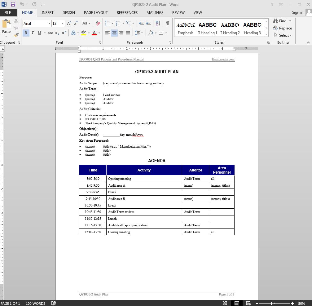 Audit Plan Iso Template | Qp1020 2 Inside Internal Audit Report Template Iso 9001